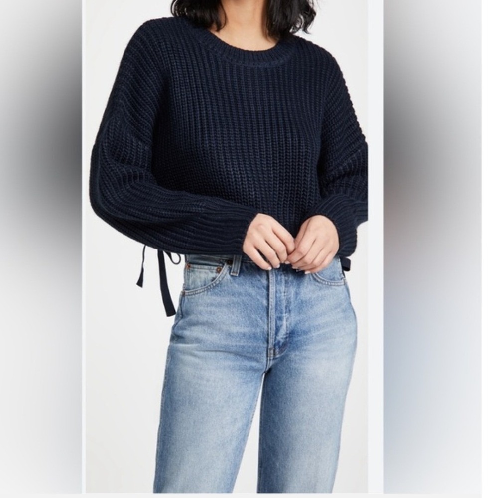 Cinq a Sept Eddie Cropped Rib-Knit Sweater Navy Blue Side Tie Pullover- XS